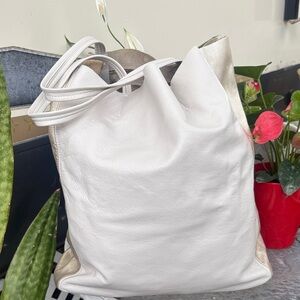 Eileen Fisher White Leather Tote with Metallic Champagne Panels